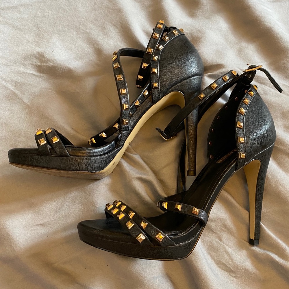 Black Strappy Heels with Gold Studs